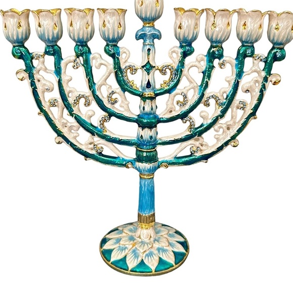 Menorah Hanukkah  Hand Painted Brass Enamel  NWB 6” By 6” Blue Teal Gold - Picture 11 of 16